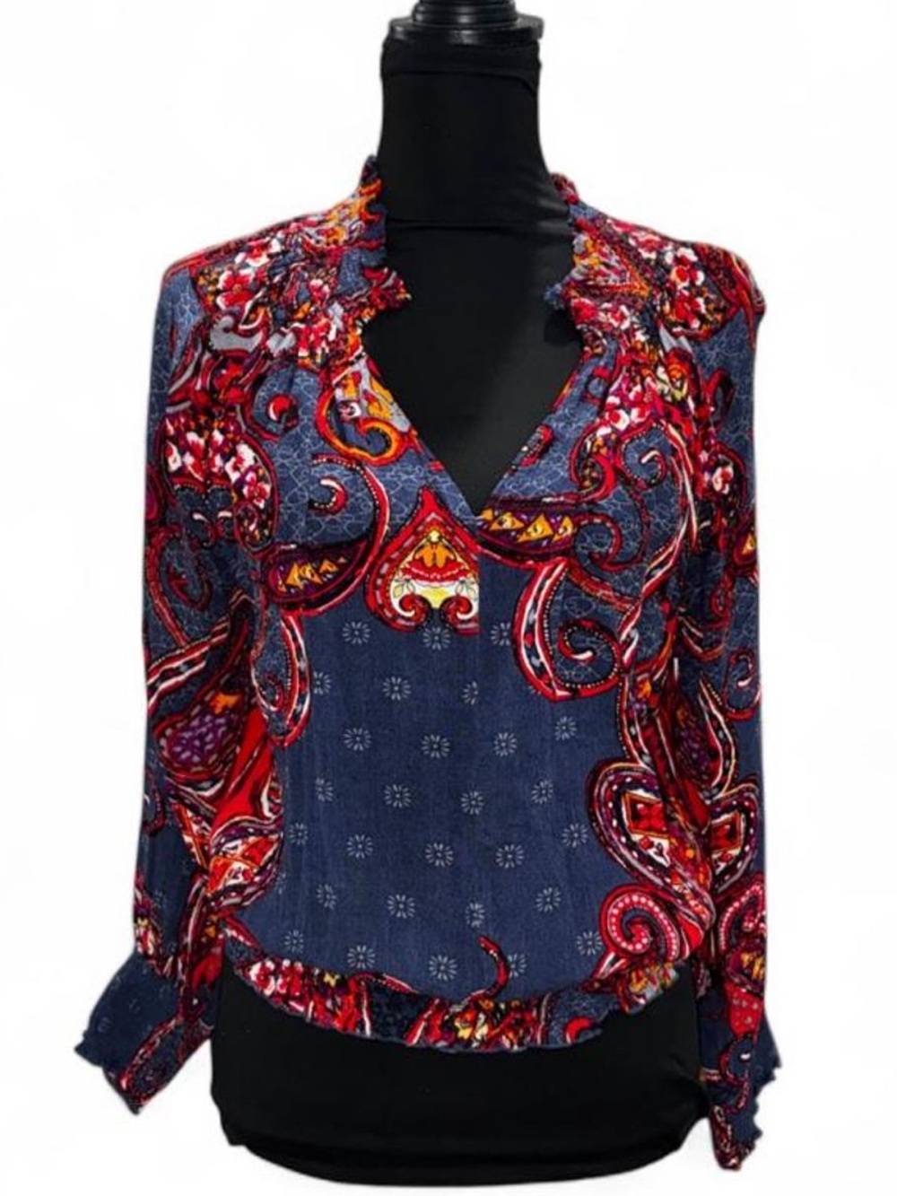 Paisley V-Neck Long-Sleeve Blouse in Navy and Red